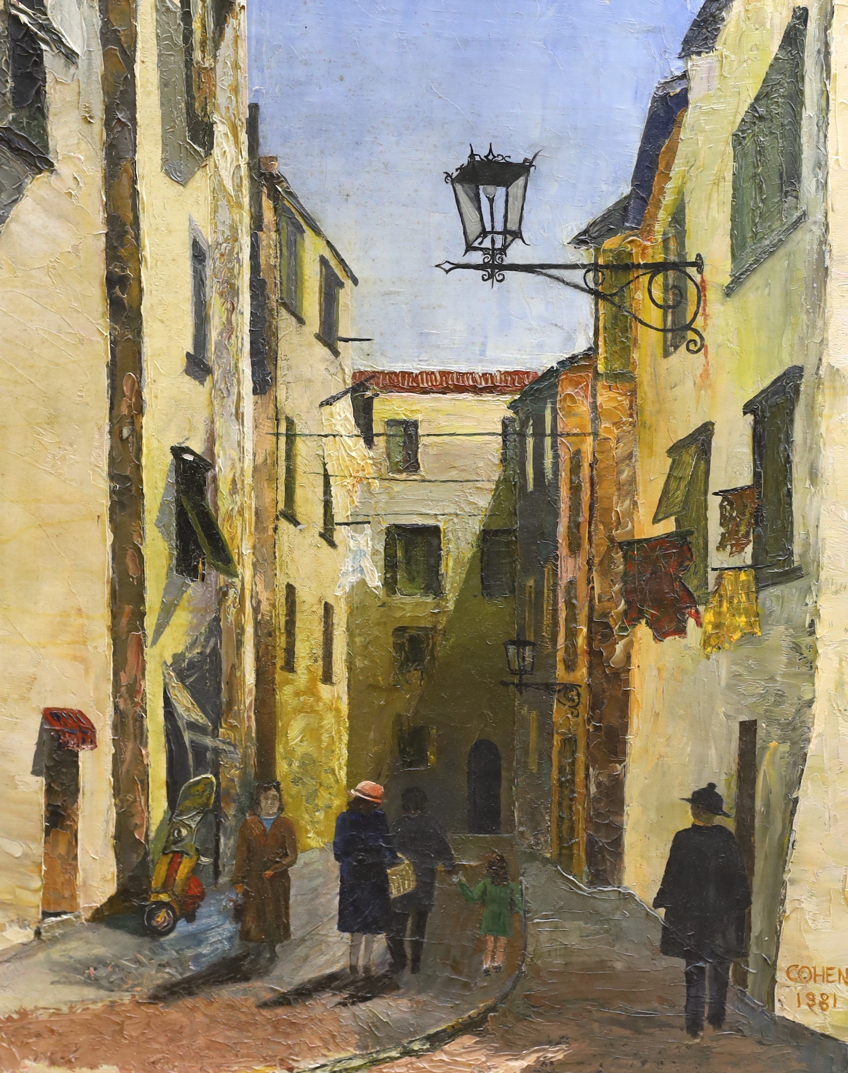 Cohen, impasto oil on canvas, Continental street scene with figures, signed and dated 1981, 50 x 40cm, unframed